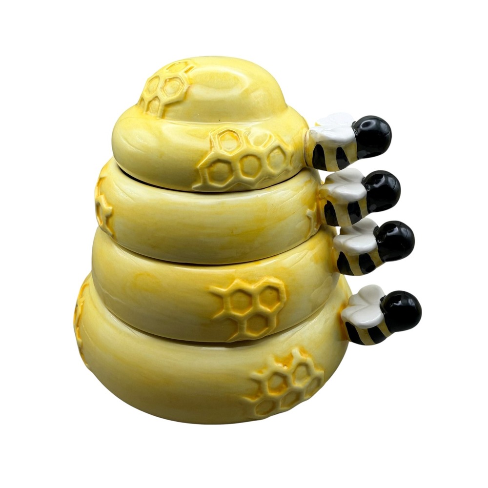 Ceramic Beehive Stacking Measuring Cups Set Yellow Honeycomb Bumblebee 4 Piece - Picture 3 of 9